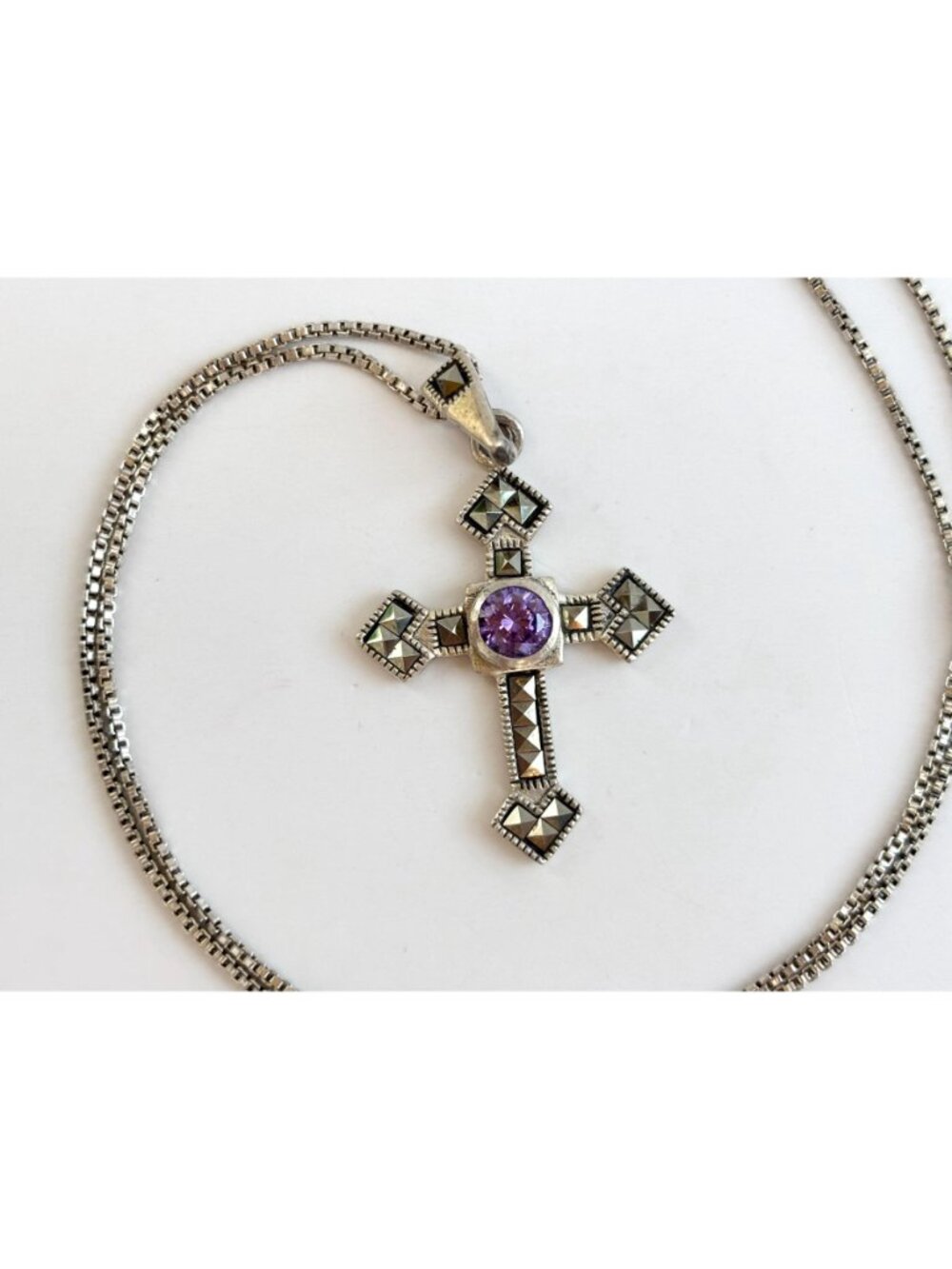 Art Deco Amethyst & Marcasite Sterling Silver 925 Vintage Pendant Necklace - 20" - Picture 3 of 16